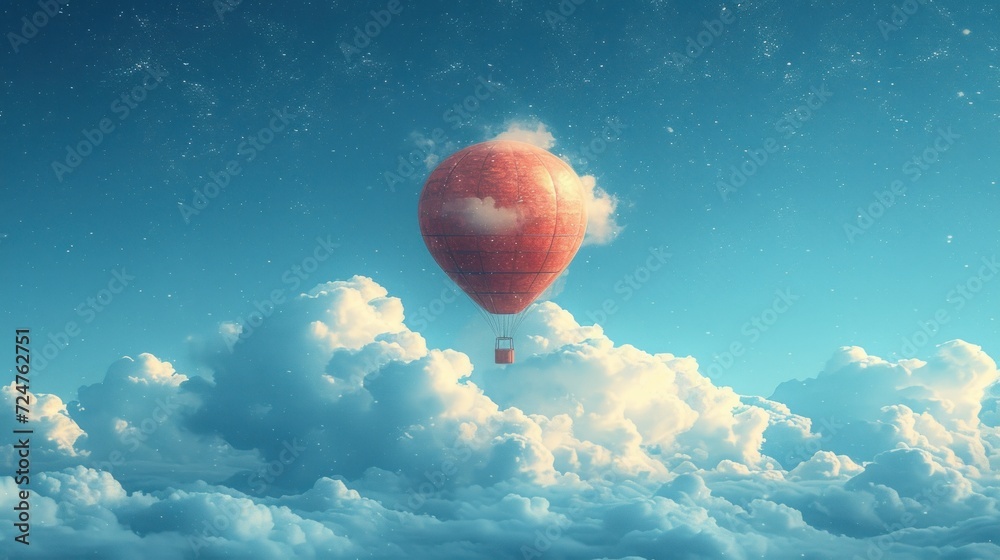 a red hot air balloon floating in the sky above a cloud filled with ...