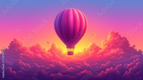  a hot air balloon flying in the sky with a pink and purple sky in the background and clouds in the foreground, with the sun in the middle of the distance.