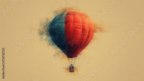  a painting of a red and blue hot air balloon flying in the sky with smoke coming out of the bottom of the balloon and a person inside of the balloon.
