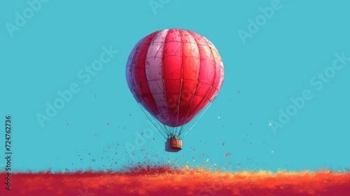  a red and white hot air balloon flying in the sky over a red, orange, and blue field with orange sprinkles and a blue sky in the background.