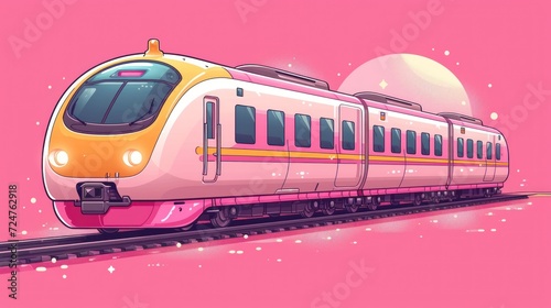  a pink and yellow train on a track with an egg on the side of the train and a pink background with white dots on the side of the train and a pink background.