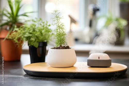 a diffuser functioning on a pebble tray with a plant in the background
