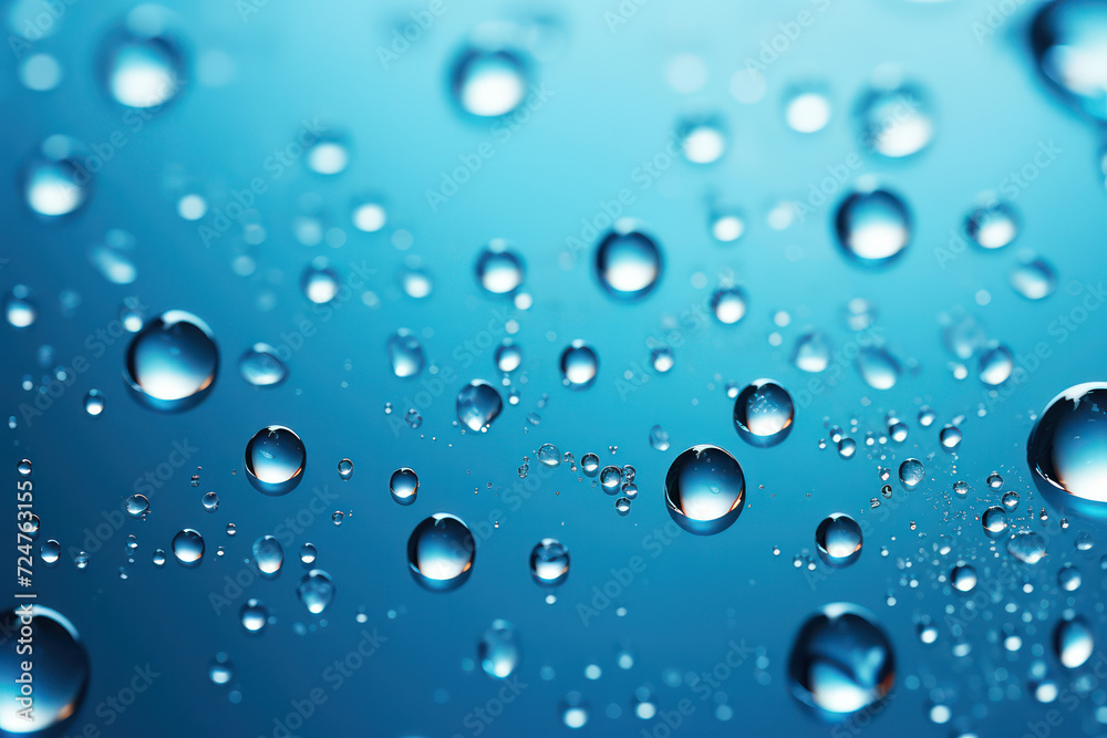 Dancing Raindrops: Abstract Macro of Clear Blue Water Droplets on Wet Texture as a Closeup Pattern with Dew and Raindrop Reflections