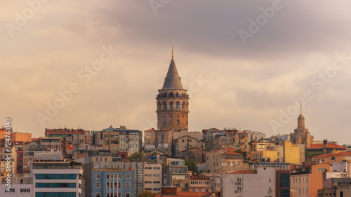 Istanbul  T  rkiye  View of the Galata Tower. Istanbul on a summer day with a view of the Galata Tower. Aerial evening shot of the Galata Tower in Istanbul  Turkey. Aerial view of landmark at golden ho