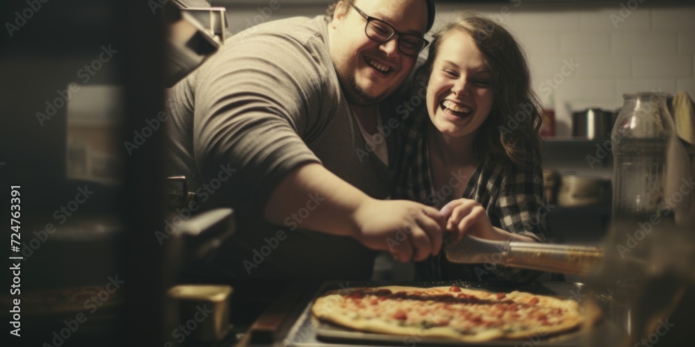 A man and woman are seen cutting a pizza together. This image can be used to depict a couple enjoying a meal or cooking together