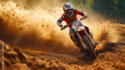 Extreme motocross rider riding on dirt the track, jumping dirty bump in desert