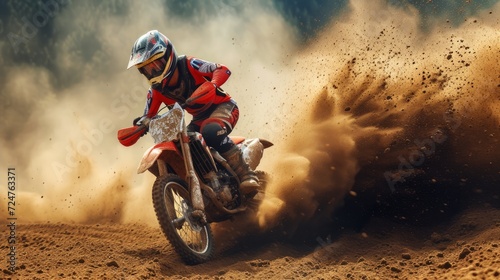 Extreme motocross rider riding on dirt the track, jumping dirty bump in desert