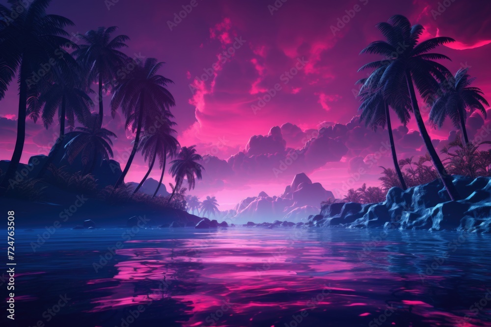 A beautiful tropical island with palm trees against a stunning pink sky. Perfect for travel or vacation themes