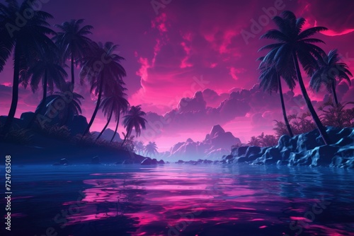 A beautiful tropical island with palm trees against a stunning pink sky. Perfect for travel or vacation themes © Fotograf