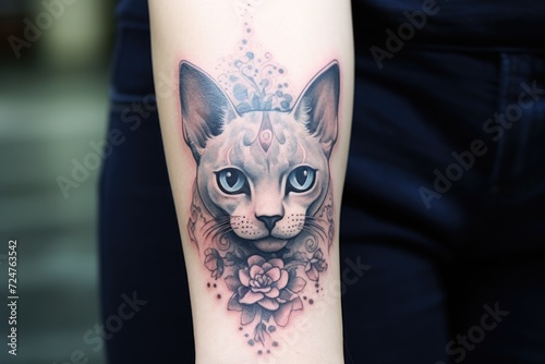 A tattoo of a cat on the arm. Perfect for cat lovers and tattoo enthusiasts photo