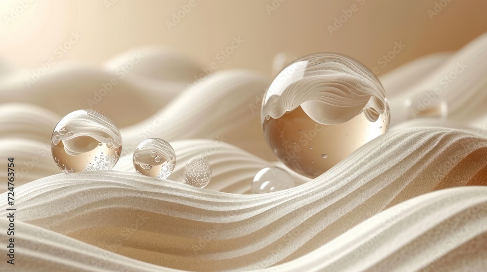a group of glass balls floating on top of a wave of white fabric on top of a bed of white fabric on top of a bed of a wooden floor. a group of glass balls floating on top of a wave of white fabric on top of a bed of white fabric on top of a bed of a wooden floor.