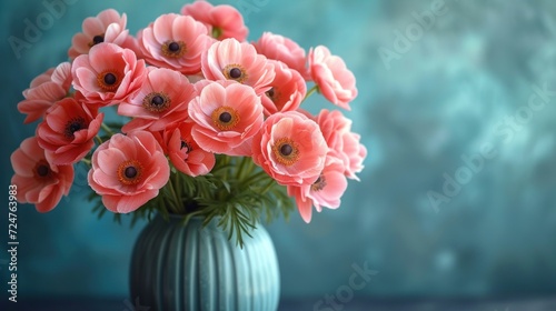 Wallpaper Mural  a green vase filled with pink flowers on top of a wooden table with a blue wall behind it and a blue wall behind the vase with a bunch of pink flowers in it. Torontodigital.ca