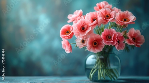  a vase filled with lots of pink flowers on top of a wooden table next to a blue and green wall behind a glass vase filled with red and white flowers. © Shanti