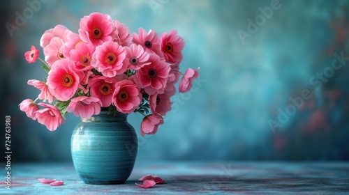  a vase filled with pink flowers sitting on top of a blue tablecloth covered table next to a painting of a blue wall and a blue vase with pink flowers in it. © Shanti