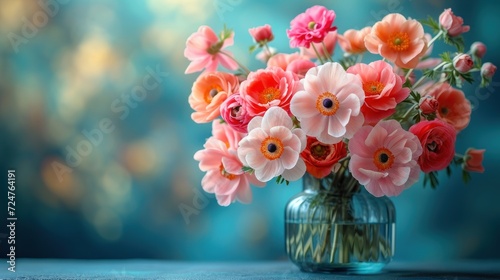 Wallpaper Mural  a vase filled with pink and red flowers on top of a blue table next to a blue and green wall and a blue wall behind the vase is filled with pink and orange flowers. Torontodigital.ca