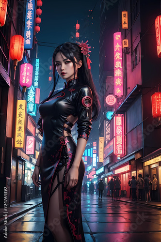 Beautiful futuristic background with fantasy neon city and beauty girl