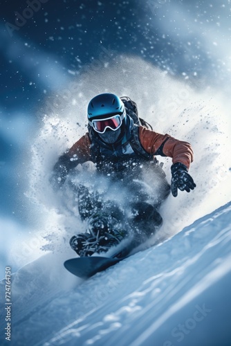 A man riding a snowboard down a snow covered slope. Perfect for winter sports and adventure-themed designs