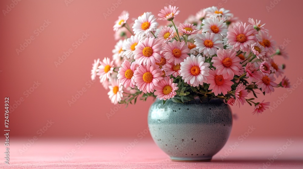a blue vase filled with lots of pink and white flowers on top of a pink tablecloth covered table with a pink wall behind the vase is holding a bouquet of pink and white daisies. a blue vase filled with lots of pink and white flowers on top of a pink tablecloth covered table with a pink wall behind the vase is holding a bouquet of pink and white daisies.