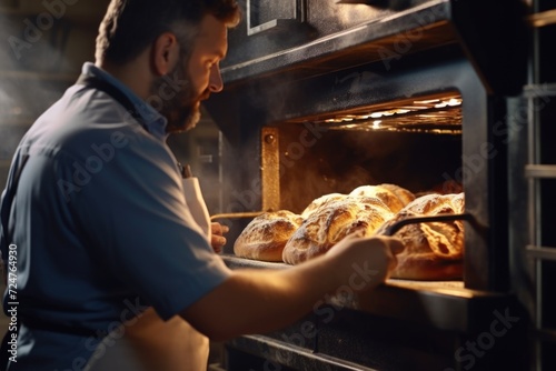 A man is pictured taking a loaf of bread out of an oven. This image can be used to showcase the process of baking bread or for illustrating homemade baking photo
