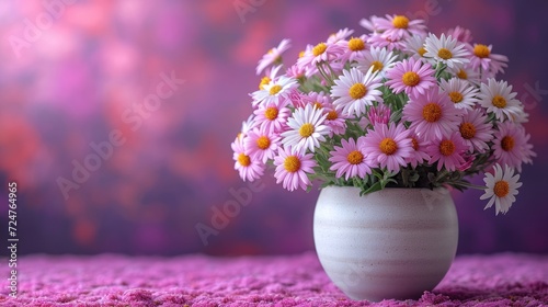  a white vase filled with pink and yellow flowers on a pink carpeted area with a purple wall in the background and a pink and purple wall in the background.