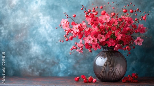  a vase filled with red flowers sitting on top of a wooden table next to a blue and gray wall and a blue wall behind the vase is filled with red flowers.