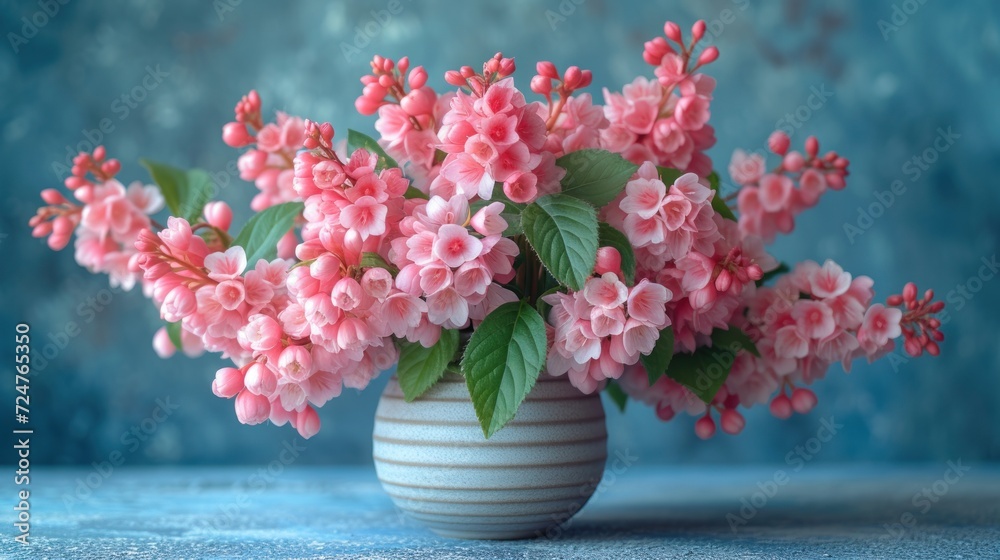 a white vase filled with pink flowers on top of a blue and white table covered in a blue and white wall behind it is a blue wall behind the vase. a white vase filled with pink flowers on top of a blue and white table covered in a blue and white wall behind it is a blue wall behind the vase.