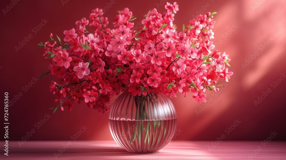 a vase filled with pink flowers sitting on top of a pink table next to a red wall with a shadow of the vase on the side of the wall behind it. a vase filled with pink flowers sitting on top of a pink table next to a red wall with a shadow of the vase on the side of the wall behind it.