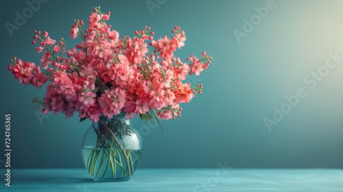 Wallpaper Mural  a vase filled with pink flowers sitting on top of a blue counter top next to a blue wall and a blue wall behind the vase is filled with pink flowers. Torontodigital.ca
