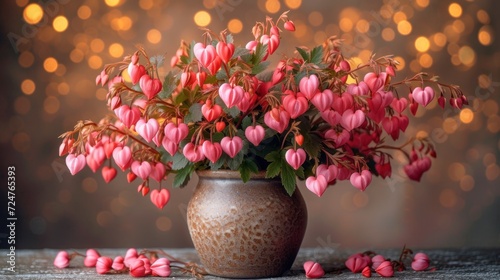  a vase filled with lots of pink flowers next to a string of pink flowers on a table next to a string of string of pink flowers on a wooden table.