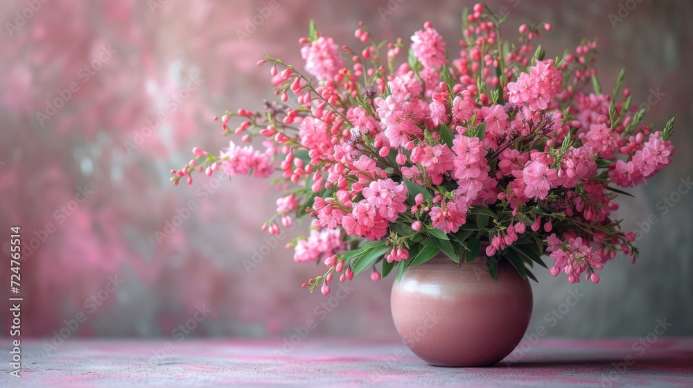  a pink vase filled with lots of pink flowers on top of a pink and white tableclothed table cloth and a pink wall behind the vase is filled with lots of pink flowers.