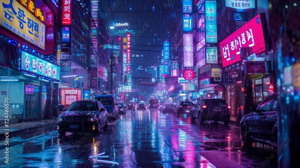 Engage in the futuristic ambiance of Seoul nights through a dynamic photograph that captures the bustling energy beneath a cascade of dazzling neon lights