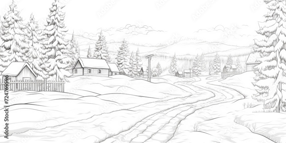 A drawing of a snowy landscape with a house and trees. Suitable for winter-themed designs