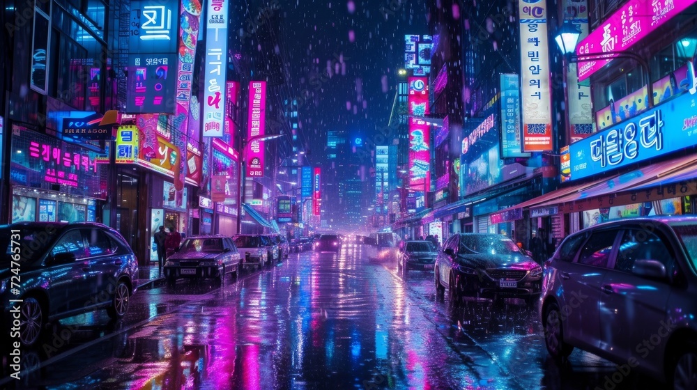 Engage in the futuristic ambiance of Seoul nights through a dynamic photograph that captures the bustling energy beneath a cascade of dazzling neon lights