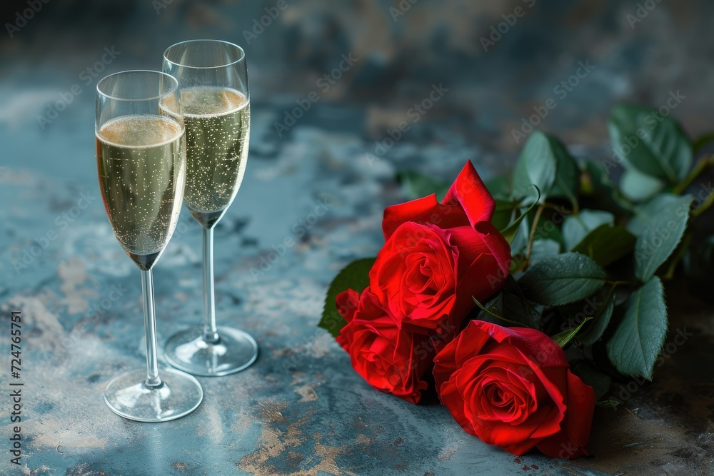 An elegant display of red roses in a crystal vase, bathed in ambient lighting. The velvety petals glisten, complemented by a glass of champagne with effervescent bubbles An elegant display of red roses in a crystal vase, bathed in ambient lighting. The velvety petals glisten, complemented by a glass of champagne with effervescent bubbles