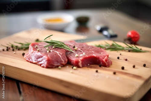 raw steak with rosemary and peppercorns on board photo