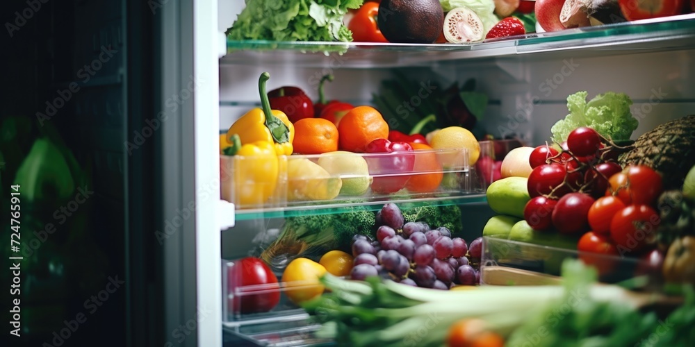 A refrigerator filled with an abundance of fresh fruits and vegetables. Ideal for healthy eating and meal preparation A refrigerator filled with an abundance of fresh fruits and vegetables. Ideal for healthy eating and meal preparation