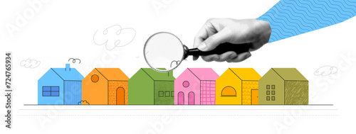 A banner on the topic of renting and buying real estate. Popart collage for realtor. Vector trendy illustration with houses and a hand holding a magnifying glass