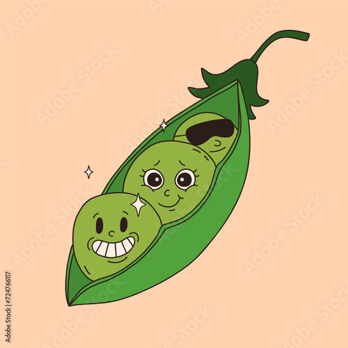 Funny vegetables retro cartoon characters sticker. Modern label with cute comics characters. Hand drawn doodles of comic mascot. Set in modern cartoon style. 70s retro vibes.