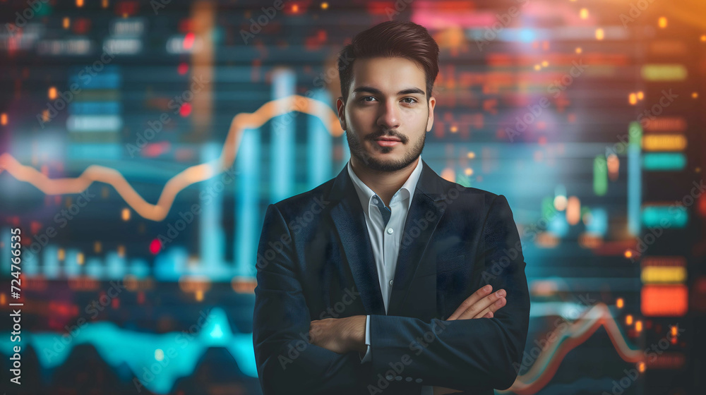 Fototapeta premium Portrait of confident and happy leader,investor, businessman, manager, freelance with stock market background, investment for financial growth and freedom