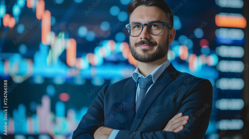Portrait of confident and happy leader,investor, businessman, manager, freelance with stock market background, investment for financial growth and freedom Portrait of confident and happy leader,investor, businessman, manager, freelance with stock market background, investment for financial growth and freedom
