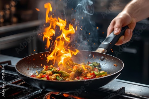 A skilled chef expertly stirs sizzling ingredients in a wok over a fiery stove, creating a tantalizing dish bursting with bold flavors and aromatic spices