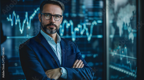 Portrait of confident and happy leader,investor, businessman, manager, freelance with stock market background, investment for financial growth and freedom