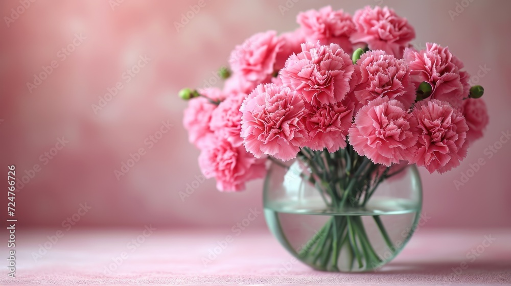  a vase filled with pink carnations sitting on top of a pink tableclothed tablecloth with a pink wall behind it and a pink wall in the background.