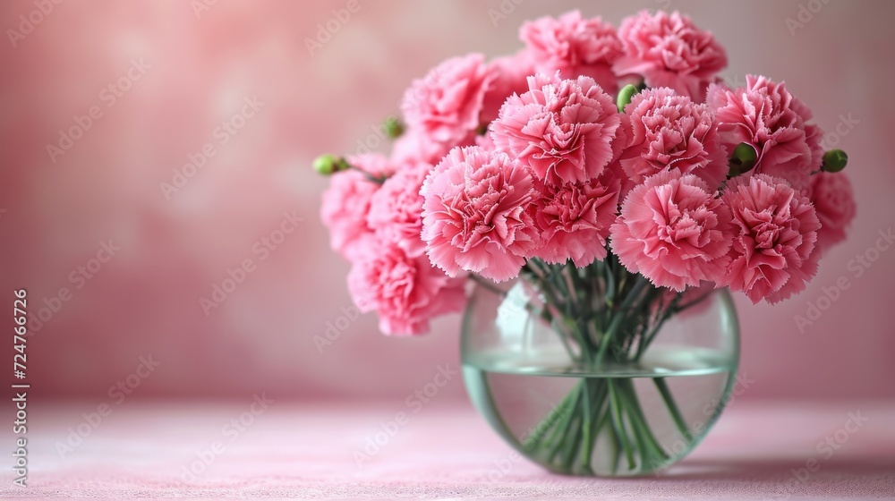 a vase filled with pink carnations sitting on top of a pink tableclothed tablecloth with a pink wall behind it and a pink wall in the background. a vase filled with pink carnations sitting on top of a pink tableclothed tablecloth with a pink wall behind it and a pink wall in the background.