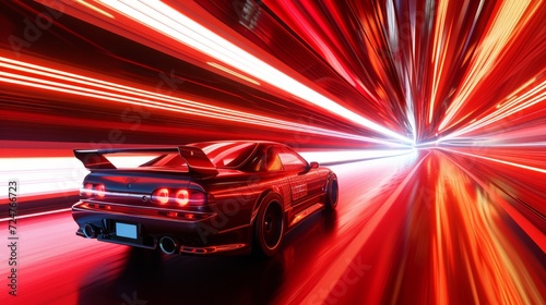Neon image of sports car on the road going fast, lights blurred