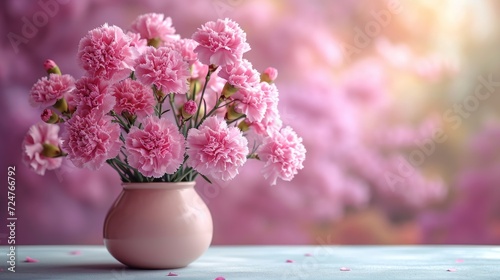  a pink vase filled with pink carnations on top of a blue table covered with pink confetti florets in front of a blurry background. photo