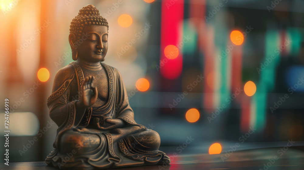 Buddha statue placed on the table with stock market background, shows respect and faith in sacred things in order to be successful