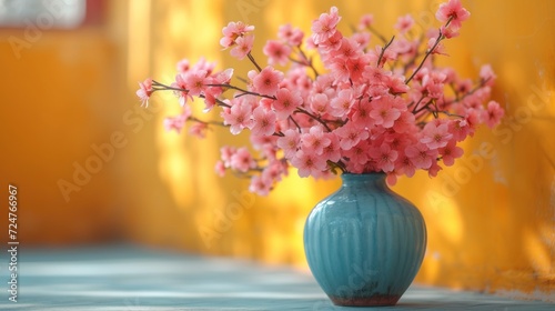  a blue vase filled with pink flowers sitting on top of a table next to a yellow wall and a yellow wall behind the vase is a blue vase with pink flowers.