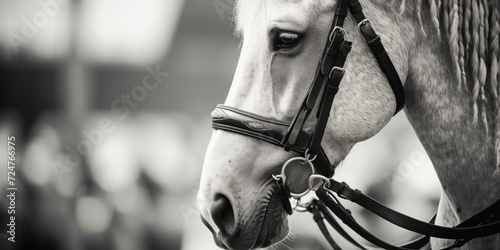 A black and white photo of a horse wearing a bridle. Can be used for equestrian themes or in publications about horses © Fotograf