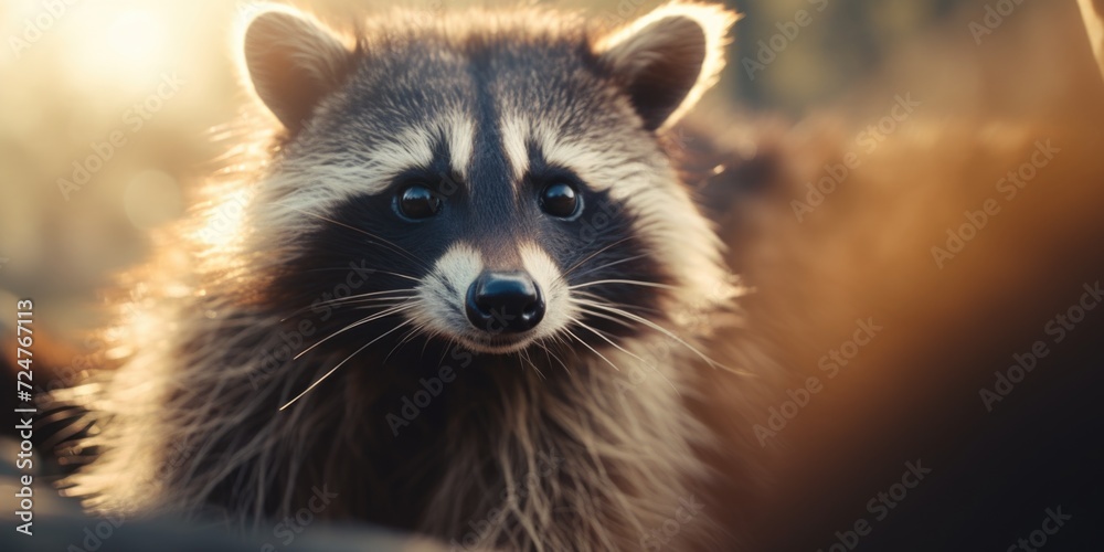 A close-up shot of a raccoon looking directly at the camera. This image can be used to depict wildlife, nature, or animal behavior